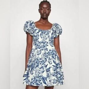 Abercrombie & Fitch The Emerson Poplin Puff Sleeve  Dress Blue White XS